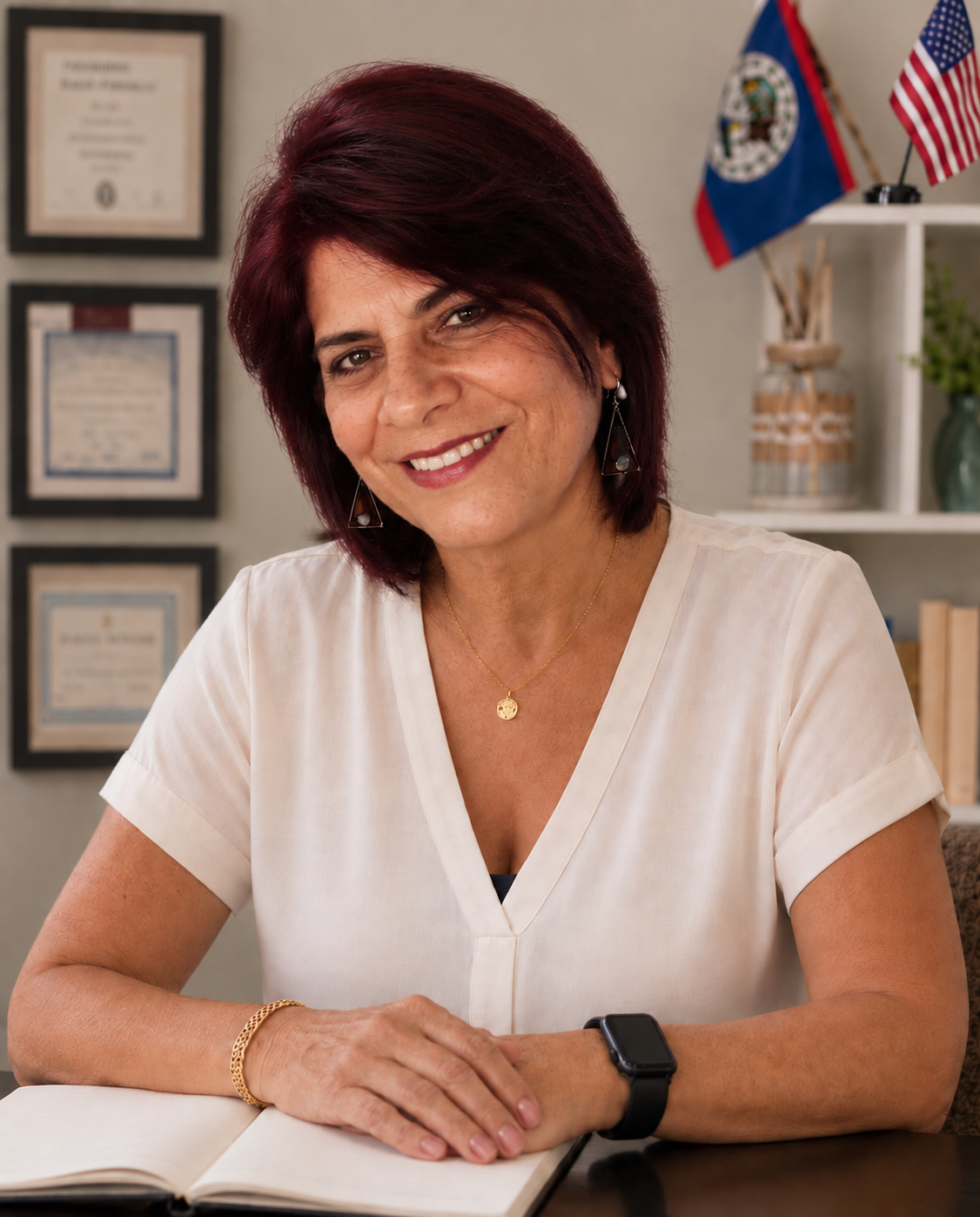 Laura Weller seated at her desk in a bright home office, framed by certificates, books and flags