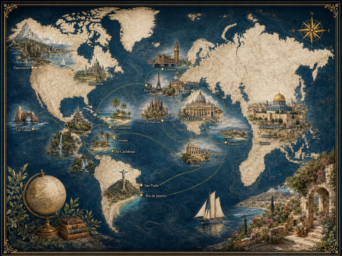 Illustrated world map marking four decades of travel and storytelling