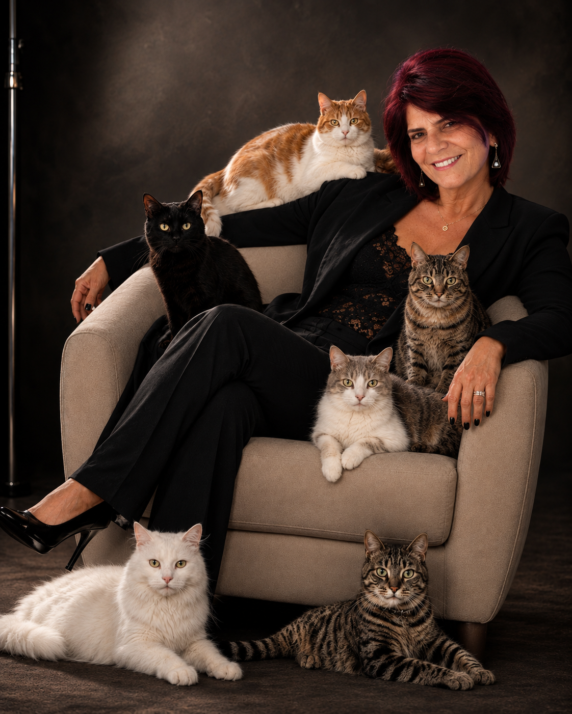 Tikiz Studio — Laura Weller seated in an armchair surrounded by the Tikiz Studio cats