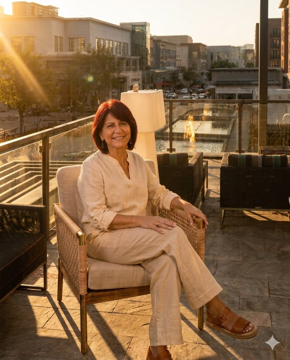 Laura Weller seated in a gold-framed armchair on a golden-hour rooftop terrace