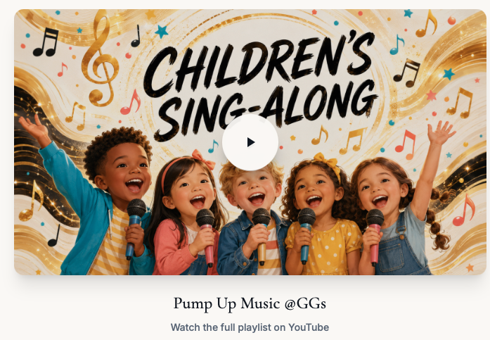 Children's Sing-along playlist — happy children with microphones singing along to music