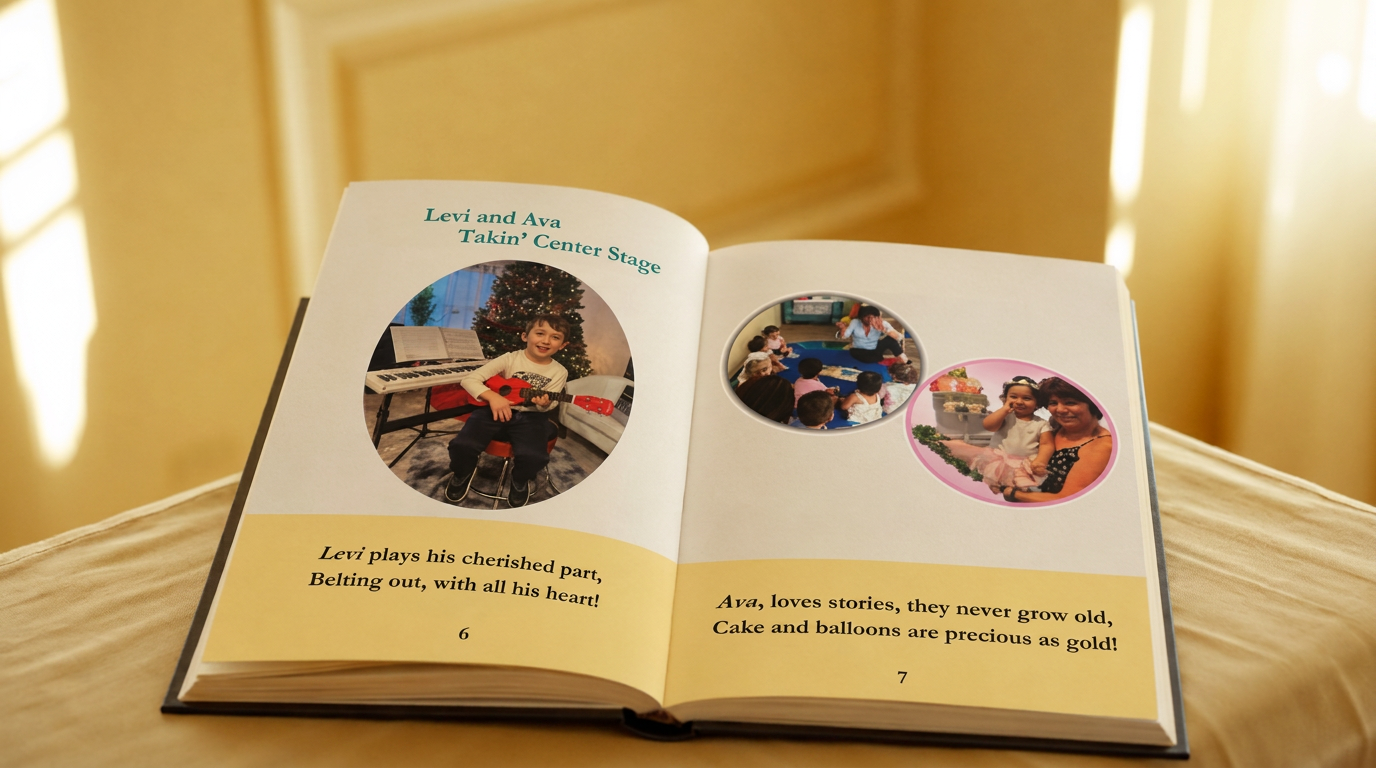 An open children's memory book on a linen table in warm afternoon light
