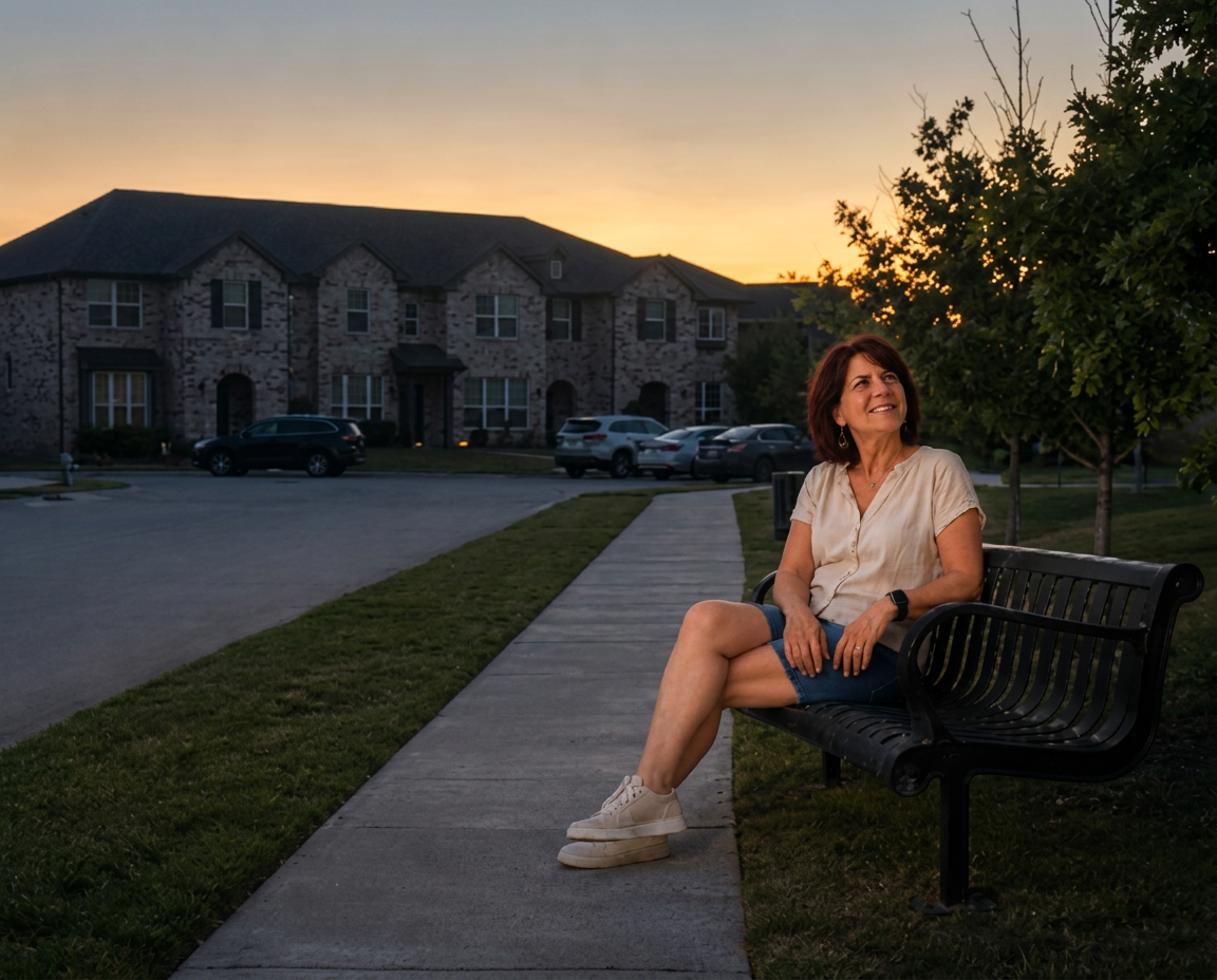 Legacy at Heritage — Laura Weller on a park bench at golden hour