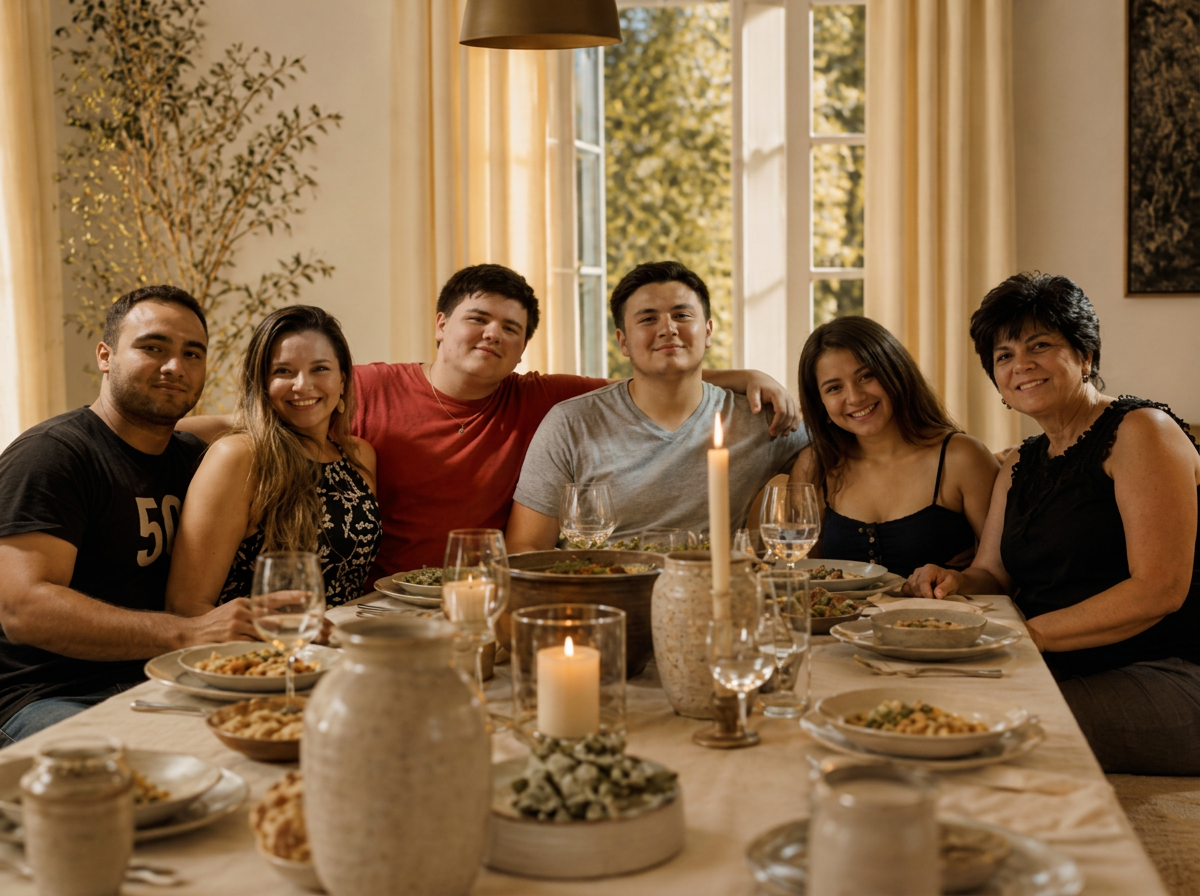 A multigenerational family laughing around a long dinner table