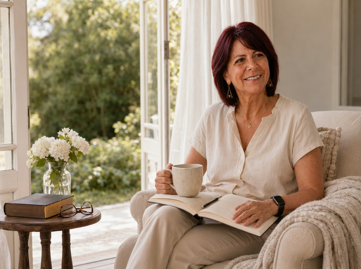 Laura Weller reading in a sunlit armchair with a cup of coffee