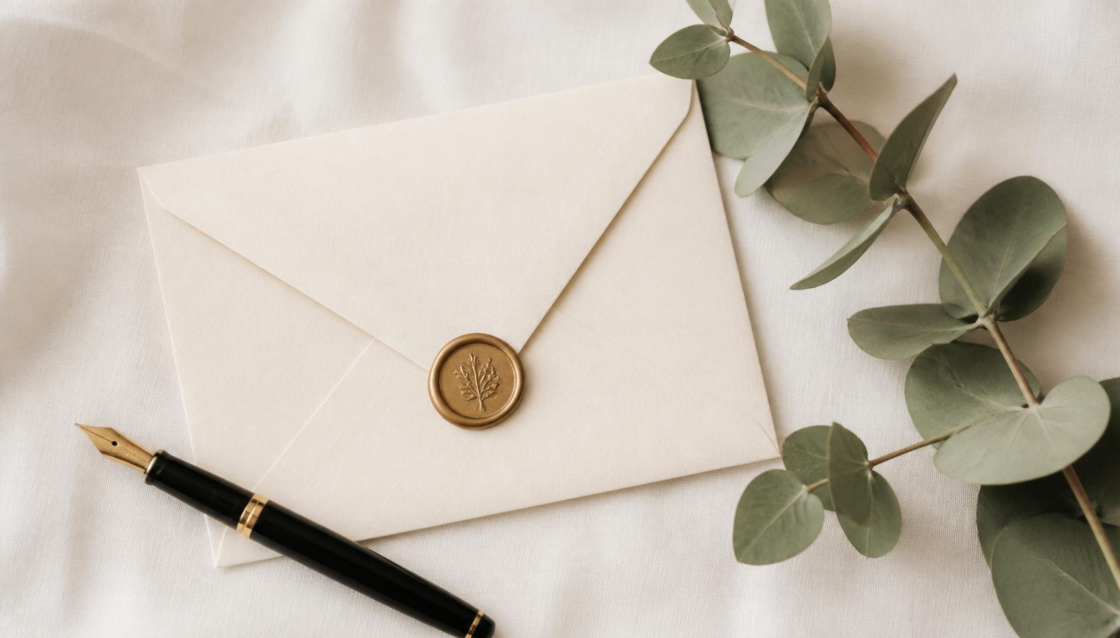 A cream envelope sealed with gold wax beside a fountain pen and eucalyptus